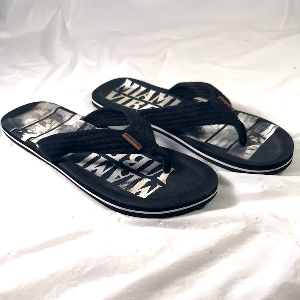 Mens Robin Ruth Miami Vibes Black With White Graphics Vegan Thong Flip Flops